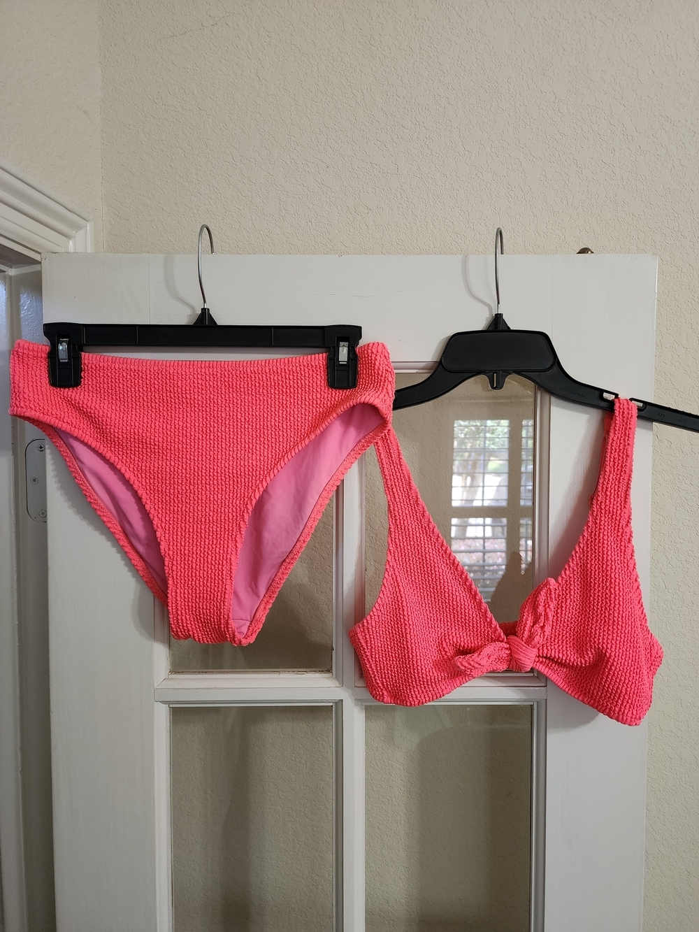 Lively Neon Pink Crinkle Bikini Set Medium Textured Knot Front Swim